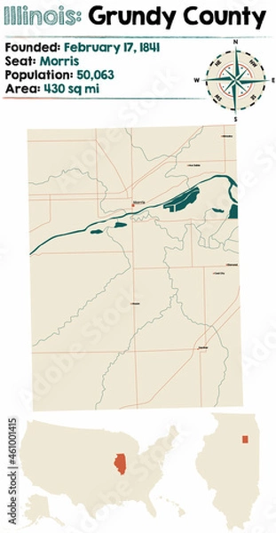 Fototapeta Map on an old playing card of Grundy county in Illinois, USA.