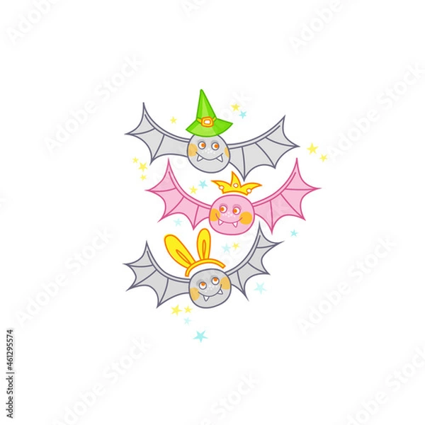 Fototapeta Vector illustration. Flying cute bat among the stars. Bats isolated, on white background. Cheerful, funny bats in a crown, witch's hat, bunny ears. Halloween characters. Happy Halloween!