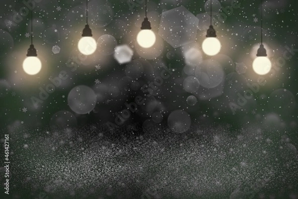 Obraz green wonderful brilliant glitter lights defocused bokeh abstract background with light bulbs and falling snow flakes fly, festal mockup texture with blank space for your content