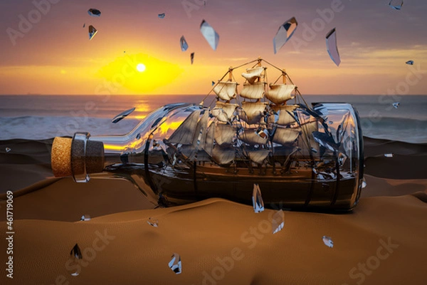 Fototapeta A ship in a bottle with its sails breaking the glass, Does not work concept. 3D Illustration