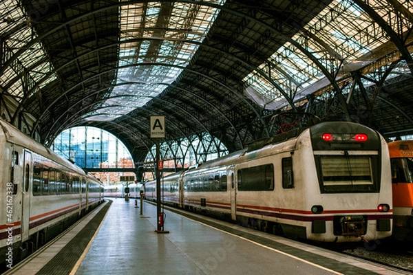 Fototapeta Trenes de pasajeros parados en estación de tren. Comunicaciones y transportes industriales y urbanos 