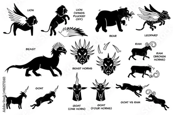 Fototapeta Daniel dream vision on The Four Beasts, The Ram, He-Goat, and Horn. Vector illustration depicts Daniel dream vision of lion with eagle wings, bear, winged leopard, ten horns beast, ram and goat.