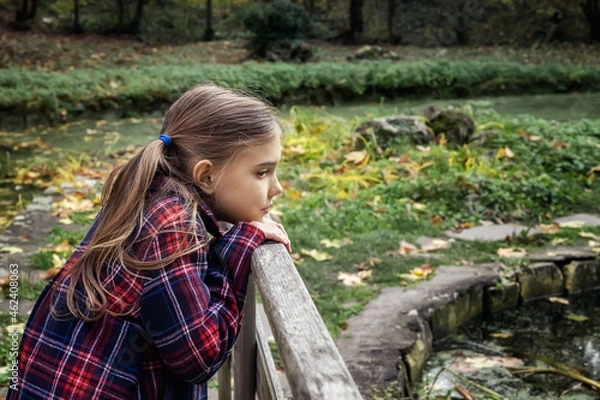 Fototapeta Portrait of a lovely little girl enjoys the beauty of an autumn in the park. Autumn mood..