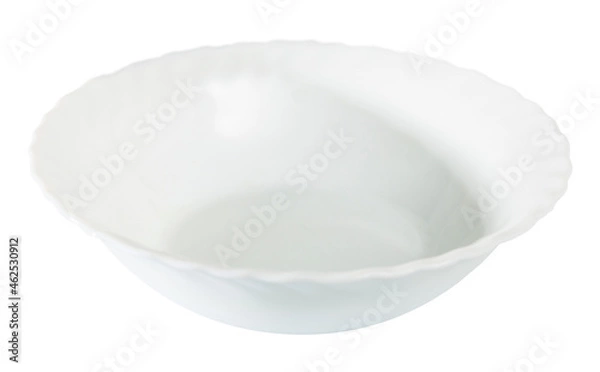 Fototapeta View of empty round white plate. Isolated over white background