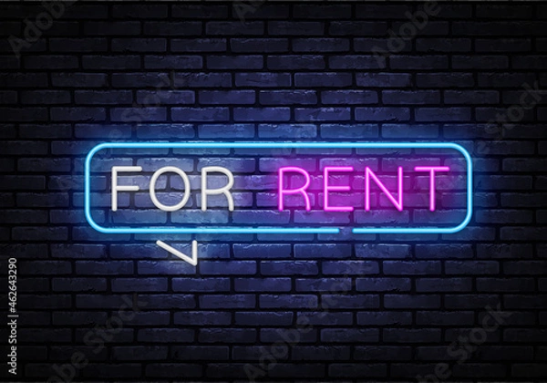 Fototapeta For rent neon sign vector. For rent Design template neon text, light banner, nightly bright advertising, light inscription. Vector illustration