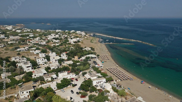 Fototapeta Aerial drone photo of small harbour of Molos a traditional boat safe anchorage near popular beach of Molos, Skyros island, Sporades, Greece 