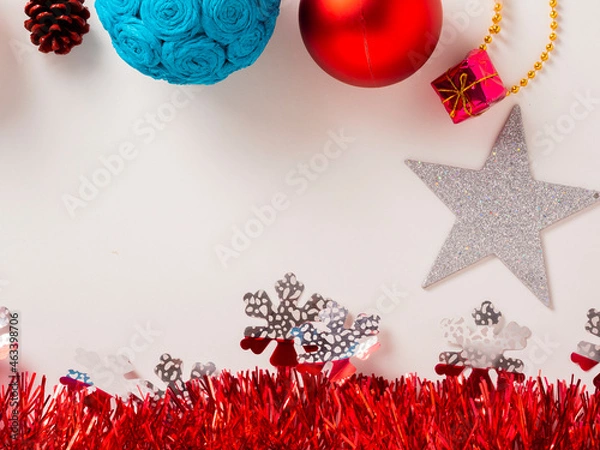 Fototapeta Christmas decoration objects on white background and copy space.