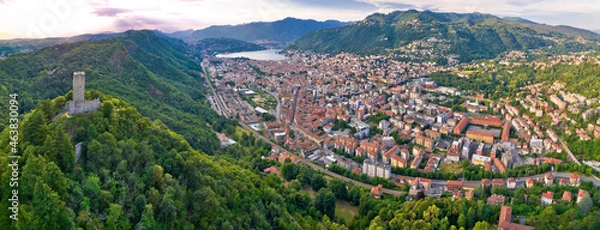 Fototapeta Town of Como and Baradello tower aerial panoramic view