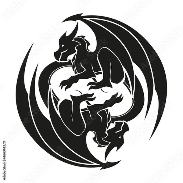 Fototapeta Dragons entwined in a circle - Dragon symbol, black and white illustration vector