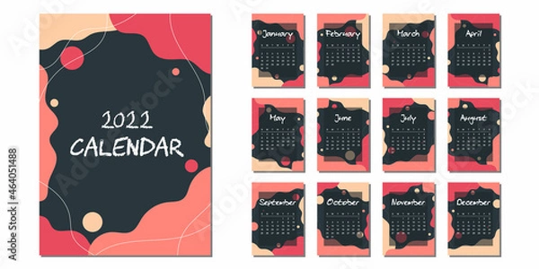 Fototapeta 2022 Calendar template, set of 12 months, week start from Sunday, abstract concept modern calendar layout for website, business and social media, vector illustration.