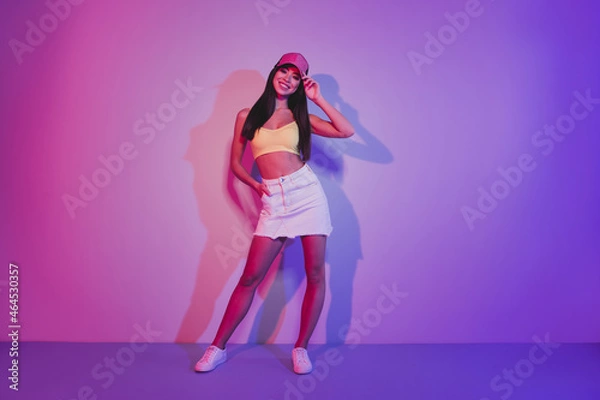 Fototapeta Full length body size view of gorgeous cheerful carefree girl posing having fun isolated over shine purple violet color background