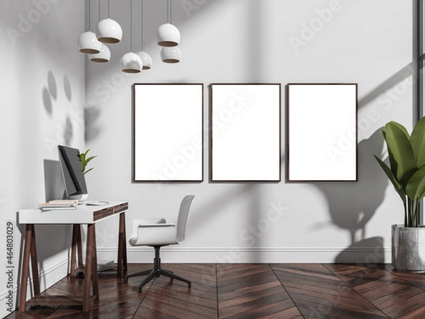 Fototapeta Business room interior, workplace with chair and computer on table, posters row