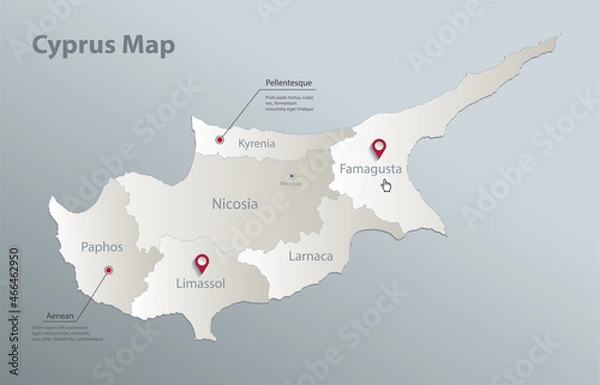 Fototapeta Cyprus map, administrative division with names, blue white card paper 3D vector