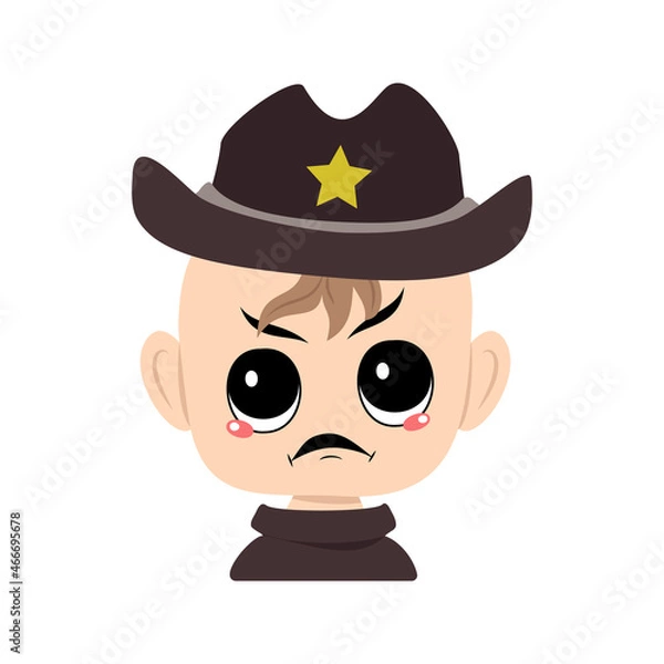 Fototapeta Avatar of child with angry emotions, grumpy face, furious eyes in sheriff hat with yellow star. Cute kid with furious expression in carnival costume for the holiday. Head of adorable baby