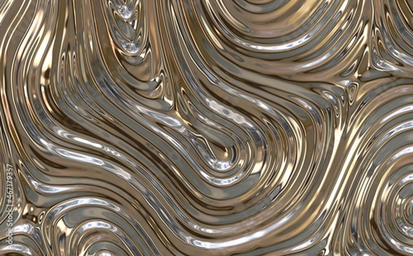 Fototapeta Luxury gold liquid shiny metal waves and stripes with reflection, 3d illustration.