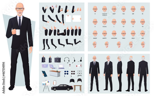 Fototapeta Old Businessman in black suit Character Creation Set, Front, Side, Back view animated character Man Premium Vector