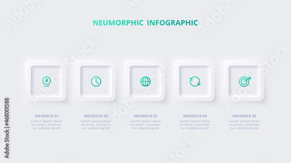 Fototapeta Neumorphic flow chart infographic. Creative concept for infographic with 5 steps, options, parts or processes.