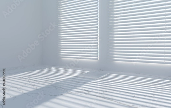 Fototapeta 3d rendering of the room corner wall and window with blinds, shadow. Kitchen or bathroom interior mock up for product presentation