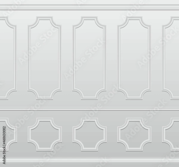 Fototapeta Vector illustration white wall decorated with moulding panels. Realistic empty white room wall background with white decorative molding on wall in classic style. Seamless vector background.