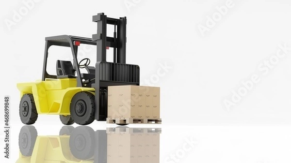 Fototapeta Forklift with carton pallet on white background. 3D illustration