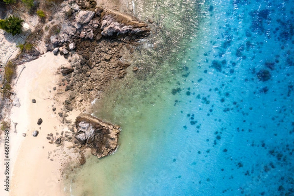 Fototapeta High angle view of the sea and sandy beach on the island, beautiful blue water.