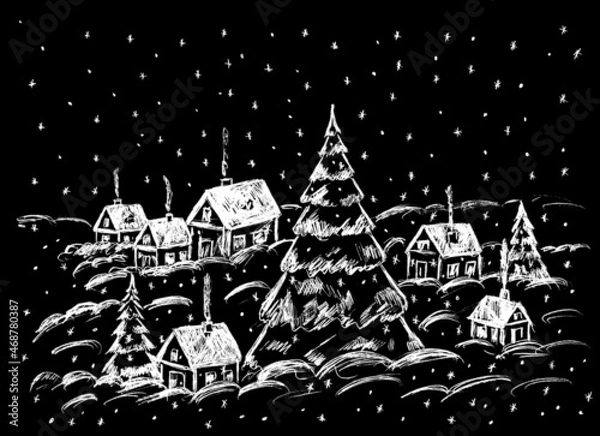 Fototapeta Winter landscape with Christmas trees, houses and snow