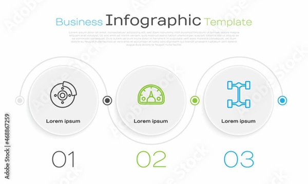 Fototapeta Set line Car brake disk with caliper, Speedometer and Chassis car. Business infographic template. Vector