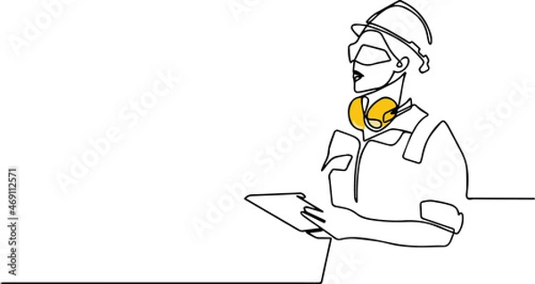 Fototapeta Continuous one line drawing of Industry maintenance engineer woman wearing uniform and safety helmet under inspection by tablet. Minimal outline concept