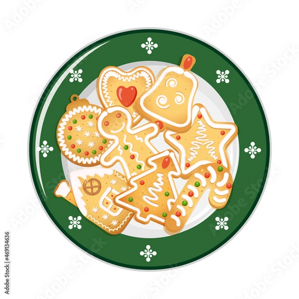 Fototapeta Christmas gingerbread cookies on green porcelain platter.