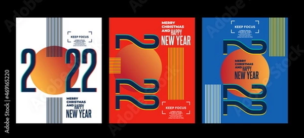 Obraz 2022 Colorful set of Happy New Year posters. Abstract design with typography style. Vector logo 2022 for celebration and season decoration, backgrounds for branding, banner, cover, card and more.