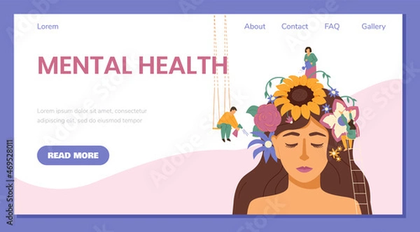 Fototapeta Mental health web banner template with female portrait flat vector illustration.