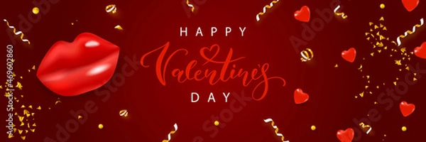 Obraz Happy Valentine's Day banner or website header. Realistic red lips, glitter hearts and golden confetti on a red background. Vector illustration