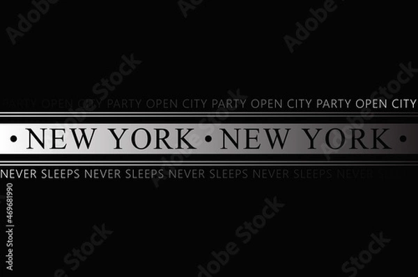 Fototapeta New York never sleeps slogan isolated on black background. NY slogan for t shirt, banner, poster, label and placard