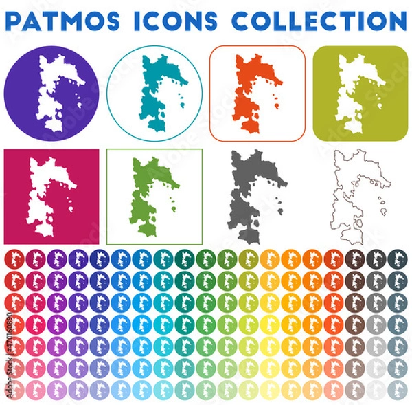 Fototapeta Patmos icons collection. Bright colourful trendy map icons. Modern Patmos badge with island map. Vector illustration.