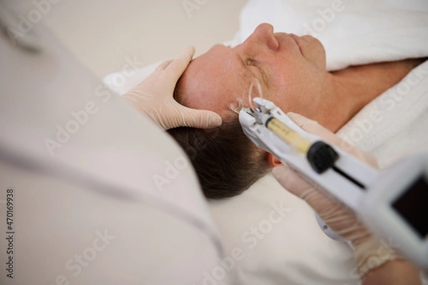 Fototapeta Close-up of a handsome senior man on massage table during mesotherapy gun procedure in modern wellness spa clinic. Anti-aging, rejuvenating and alternative beauty treatments to prevent first wrinkles