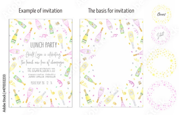 Fototapeta Watercolor champagne and wine party invitation card, layout. Fun, festive, celebration, party. Perfect for New Year, Wedding, Bachelorette Party, Anniversary, Birthday.