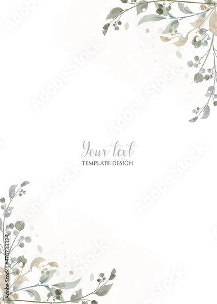 Obraz Herbal minimalistic vector frame. Hand painted plants, branches, leaves on a white background. Wedding invitation. Watercolor style. Natural card design.