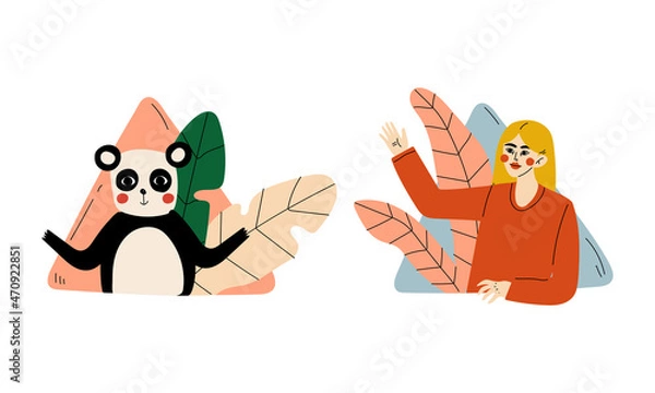 Obraz Young Woman and Panda Peeking Out of Window with Flora Vector Set