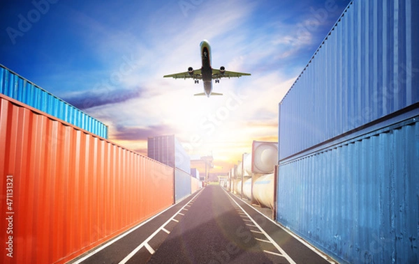 Fototapeta Shipping concept plane fly over containers port