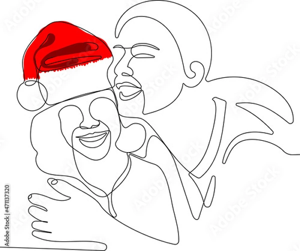 Fototapeta New 2022 Year is coming. Happy family celebrate new year merry christmas in santa hat. Young family celebrating Christmas at home together. 
