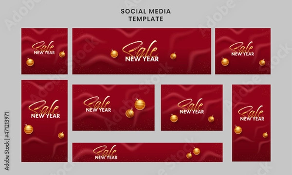 Fototapeta New Year Sale Social Media Template Collection With Golden Baubles On Red Silk Background.