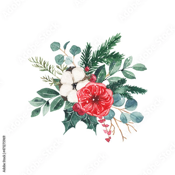 Fototapeta Watercolor christmas winter bouquet arrangement with fir branches, green leaves, flowers, cottons. Winter bouquet isolated on white background. Botanical greenery illustration