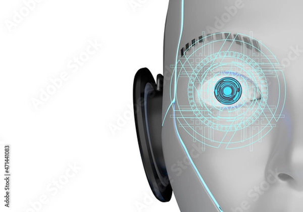 Fototapeta Illustration of the robot's head on a white background. Smart wearable technology concept. 3D Render