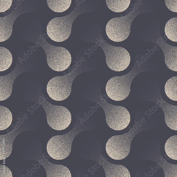 Fototapeta Modern Stippled Metaball Herringbone Seamless Pattern Vector Abstract Background. Hand Drawn Double Circles Tileable Aesthetic Texture Dotted Repetitive Wallpaper. Halftone Retro Art Illustration