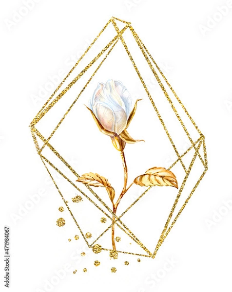 Fototapeta Watercolor rose with golden glitter frame. Realistic poster with white flower and glitter foil. Botanical floral illustration for modern boho christmas cards