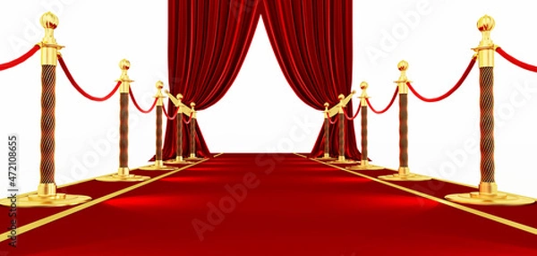 Fototapeta 3d render of Red carpet and path barriers, Luxury entrance to vip event or celebrity party isolated on white background.