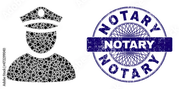 Fototapeta Geometric collage police man, and Notary grunge stamp seal. Violet stamp seal has Notary tag inside round shape. Vector police man collage is formed from different spheric, triangle, rectangle parts.