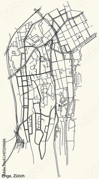 Fototapeta Detailed navigation urban street roads map on vintage beige background of the district Enge Quarter of the Swiss regional capital city of Zurich, Switzerland