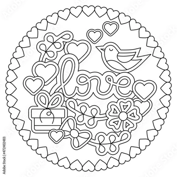 Fototapeta Doodle hand drawn coloring book page. Love words, hearts, flowers, abstract elements. Monochrome Vector illustration