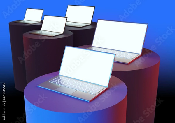 Fototapeta Several laptops with white screen. Computers with blank display. Laptops on blue background. Laptop mockups for your advertising. Notepad for software demonstration. 3d rendering.